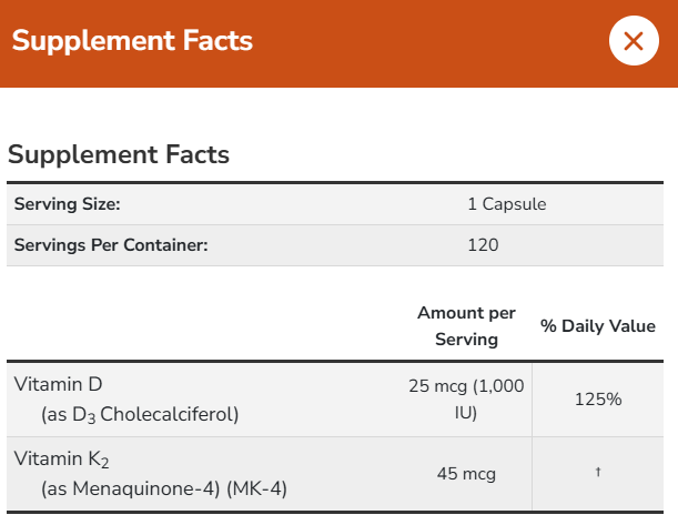 Now Foods Vitamin D3 & K2 120 Capsules
